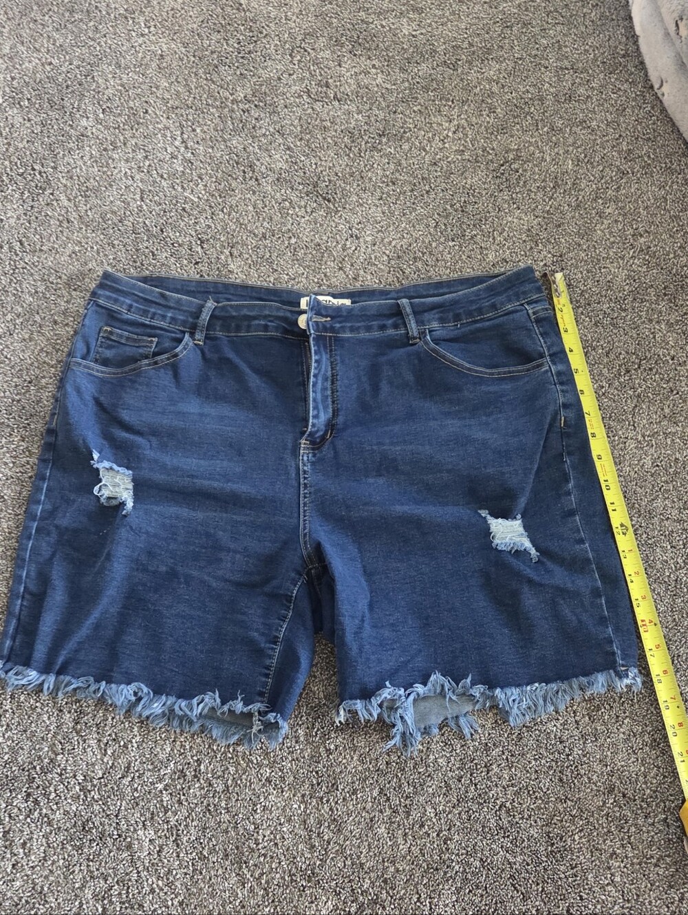 Women's Dark Blue Distressed Denim Jean Shorts with Frayed Hem
